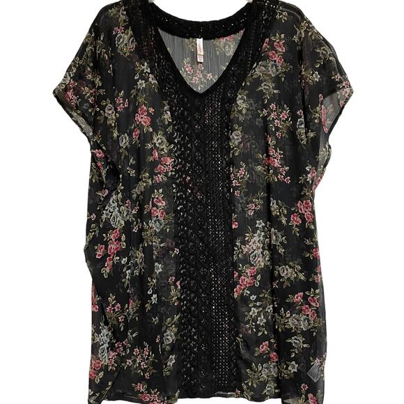 Xhileration Popover Kimono, Sheer Black Floral Flowy Crocheted Oversized, XS/S - Picture 1 of 9